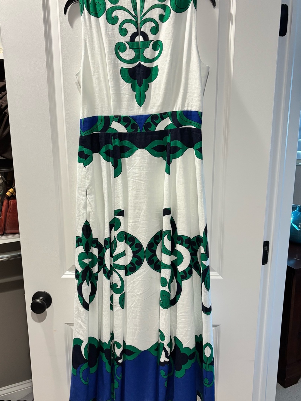 Boden Linen Maxi Dress with Green and Blue Scroll Motif - Picture 4 of 5
